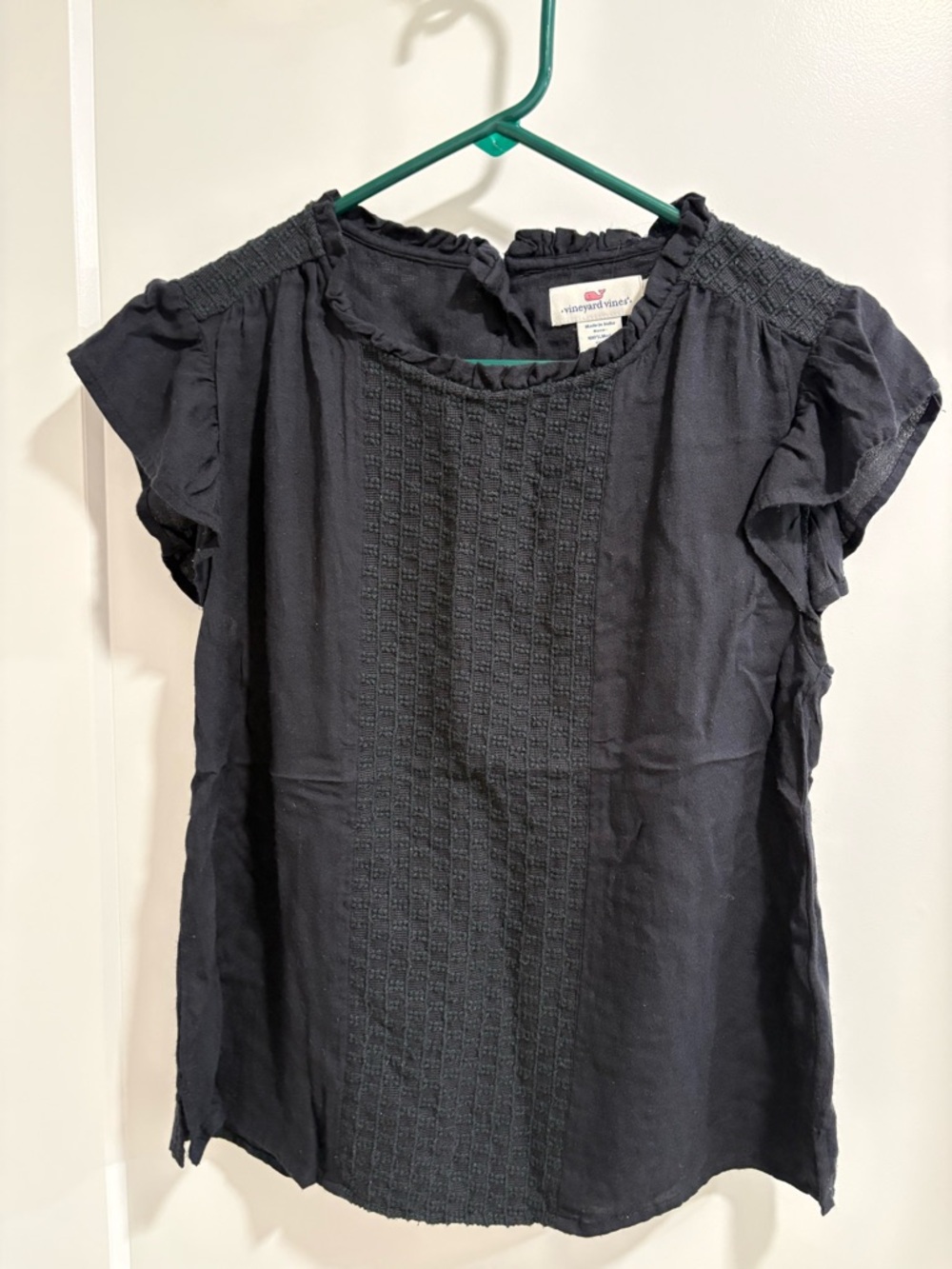 Vineyard Vines Navy Short Sleeve Textured Ruffle Blouse